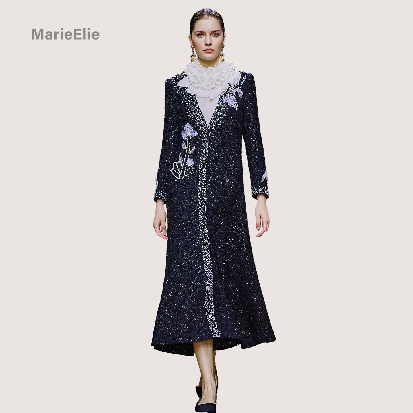 复古小众黑色亮片长款风衣女蕾丝拼接气质外套,女装/女士精品,风衣,淘宝优惠券,粉丝福利购,淘宝优惠卷