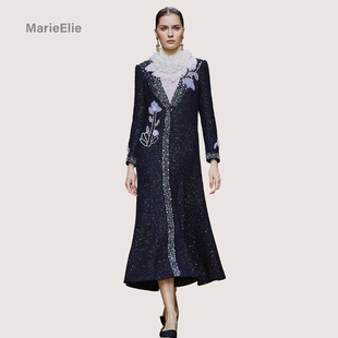 复古小众黑色亮片长款风衣女蕾丝拼接气质外套