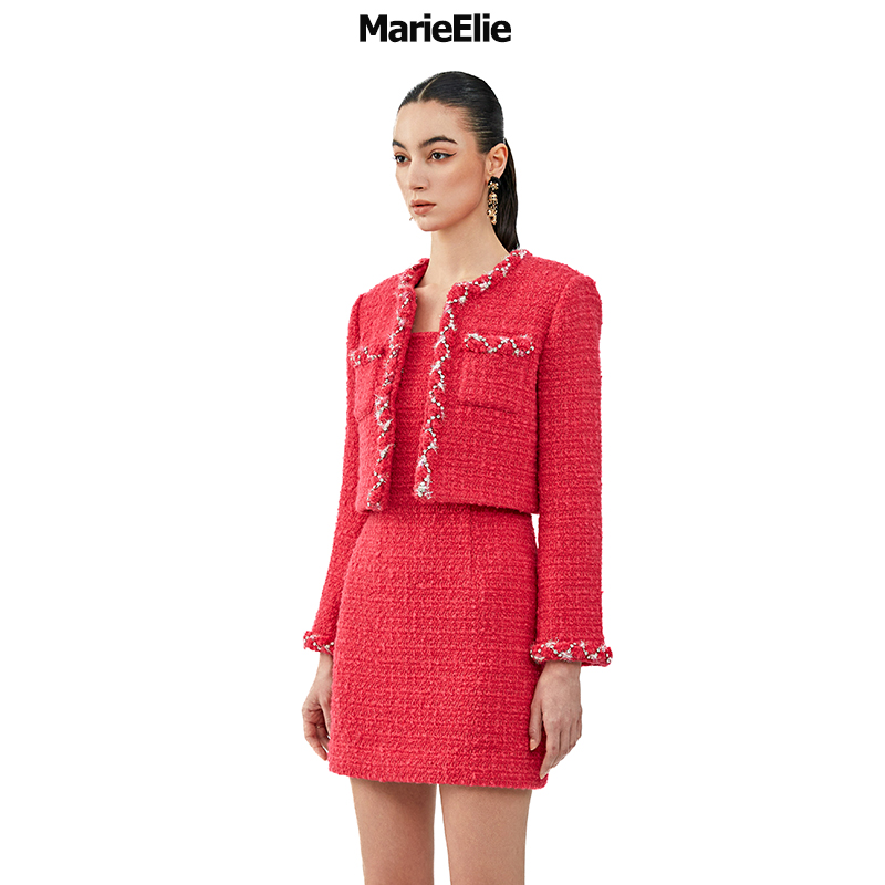 MarieElie上海时装秀钉钻亮片圆领长袖小香风毛呢短外套