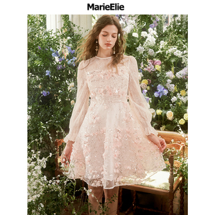 妙梦怀蕾连衣裙荷叶长袖 新品 立体花亮片蕾丝中裙 Elie春季 Marie