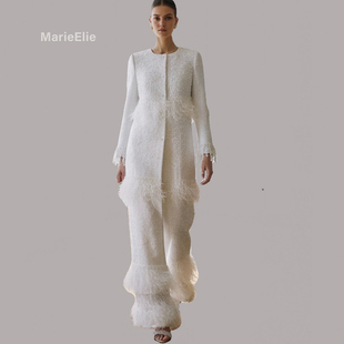 气质连体衣大衣 女荷叶边流苏长袖 Marie Elie浪漫风白色羽毛连体裤