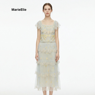 度假风蕾丝印花蛋糕裙女夏飞袖网纱分层套装浪漫风