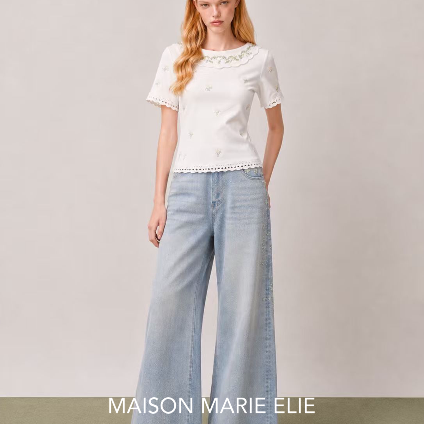 MaisonMarieElie【云间青絮】柔和浅绿钉珠丝带绣T恤EM26C1B00320