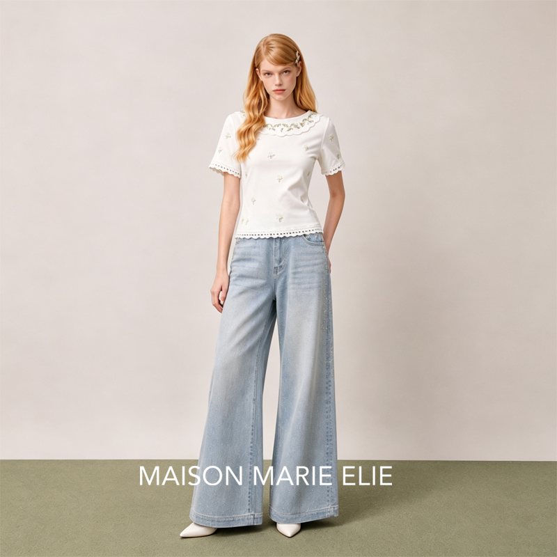 MaisonMarieElie【青蔓星澜】满钻水洗阔腿牛仔裤EM26C1S00955