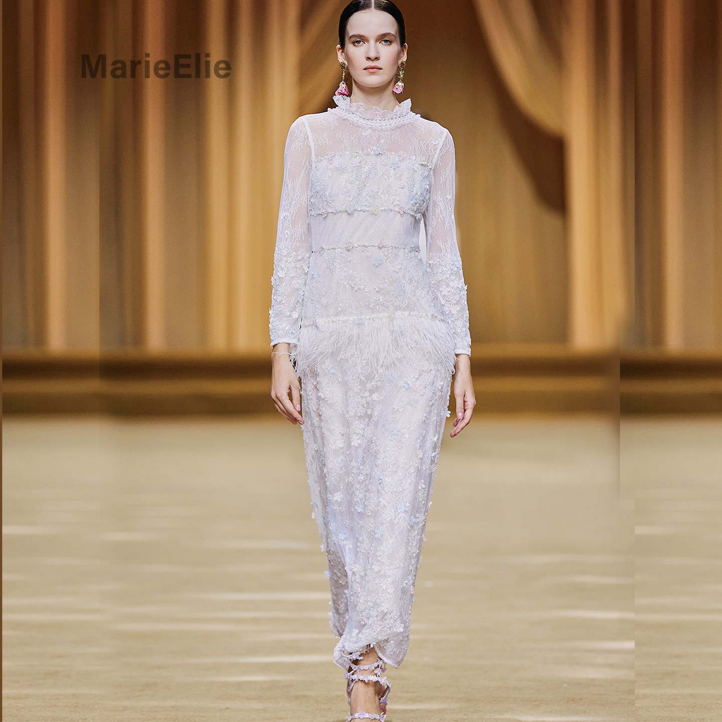 Marie Elie法式风白色蕾丝透视连衣裙女长袖修身长裙高级感礼服