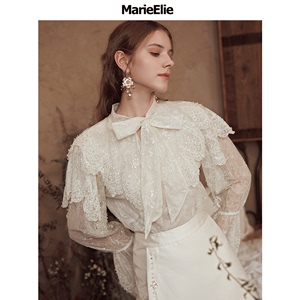 Marie Elie立领套头衬衫系蝴蝶结亮片长袖上衣