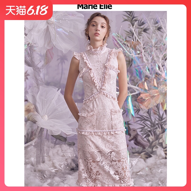 现货Marie Elie春夏经典款 绕织虞纹珠片花边连衣裙E2921M56435