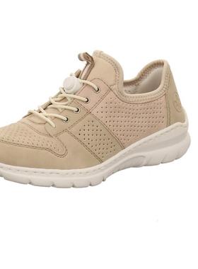 代购rieker女士休闲鞋透气轻便软底舒适系带圆头透气孔浅色