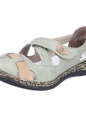 代购rieker女士凉鞋透气轻便软底舒适真皮交叉带圆头平跟