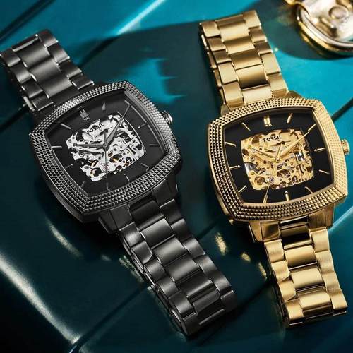 代购Nick Jonas x Fossil Machine Luxe联名镂空自动机械黑金手表