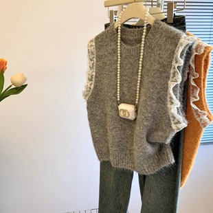 复古蕾丝拼接无袖 针织马甲背心女秋冬圆领宽松慵懒风洋气毛衣上衣
