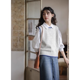 浅花灰毛衣背心女2025春秋新款 圆领针织马甲叠穿短上衣气质穿搭