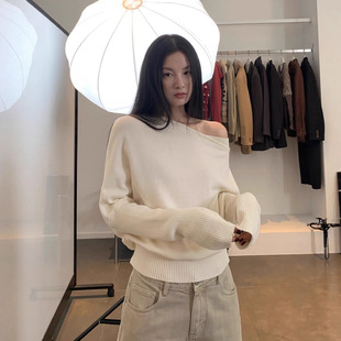 潮 松弛感纯欲上衣女打底衫 法式 轻熟风一字领斜肩针织毛衣春秋冬季