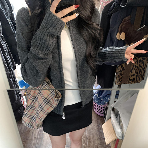 韩系双拉链短款初秋外套女春秋季2025年早秋新款毛衣针织开衫上衣