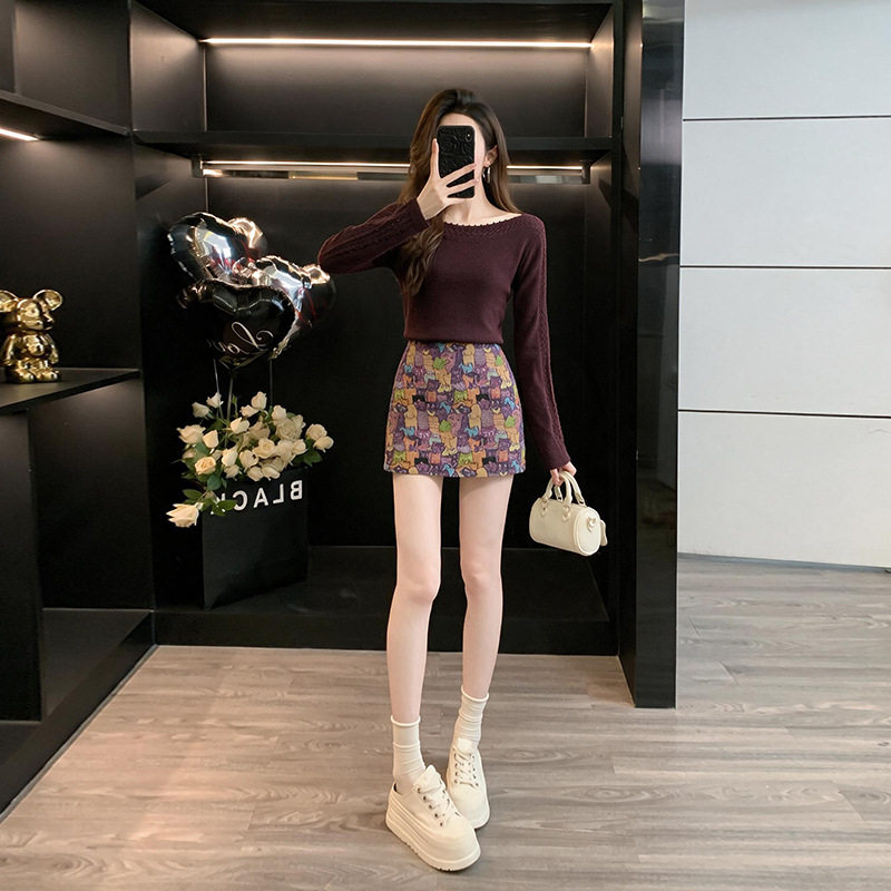 秋季新款女韩系知性蕾丝拼接针织衫简约百搭淑女短裙两件套潮