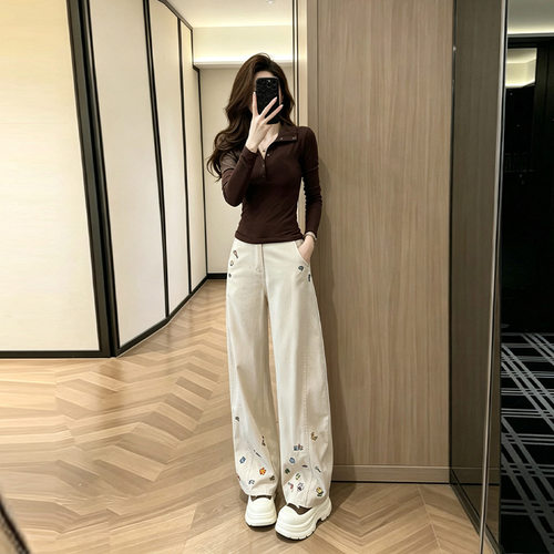春秋长袖咖色上衣休闲时尚洋气时髦复古美式牛仔裤高街网红两件套