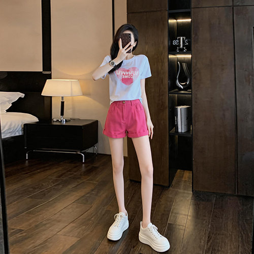 欧货休闲时尚套装女夏装爱心白t恤甜美玫红牛仔短裤两件套潮