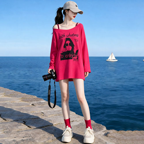 网红时尚炸街新款女装长袖秋装内搭T恤宽松大码中长款秋冬打底衫