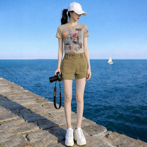 夏季穿搭休闲时尚套装女减龄显瘦圆领T恤复古街头直筒短裤两件套