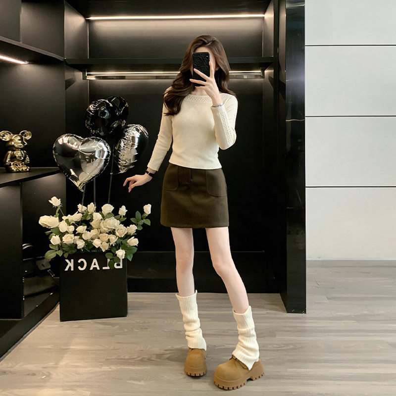 秋季新款女韩系知性蕾丝拼接针织衫简约百搭淑女短裙两件套潮