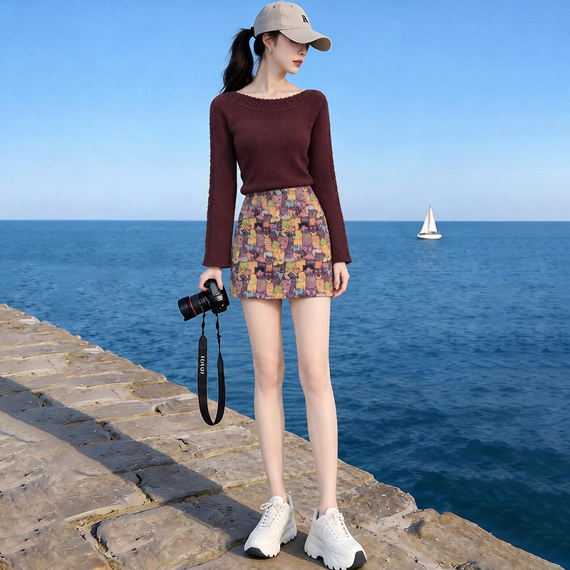 秋季新款女韩系知性蕾丝拼接针织衫简约百搭淑女短裙两件套潮