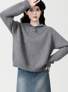 灰色牛角扣毛衣女2025秋冬新款polo领宽松慵懒加厚针织衫套头上衣
