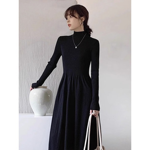 2025早秋新款 内搭打底毛衣长裙 感赫本风黑色连衣裙子女秋冬季
