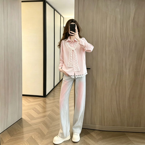 秋季新款女装超好看甜美宽松淑女长袖衬衣渐变牛仔裤子阔腿裤套装