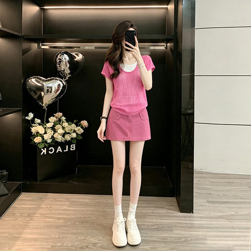 小个子俏皮活泼套装裙女夏季2026超火减龄绝美针织衫牛仔短裙套装
