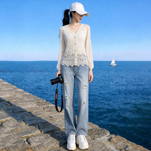 感镂空淑女雪纺纱上衣女夏新款宽松阔腿烫钻蓝色牛仔裤两件套