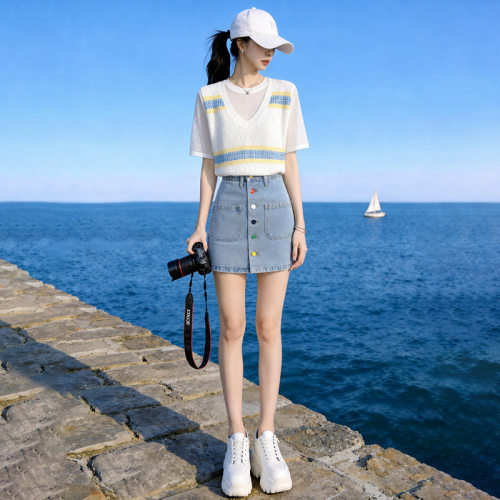 小个子短袖针织衫女薄款条纹针织2026夏季新款洋气减龄短裙两件套
