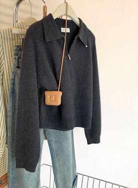 深灰色polo领半拉链针织衫女秋冬2025新款时尚翻领小个子毛衣上衣