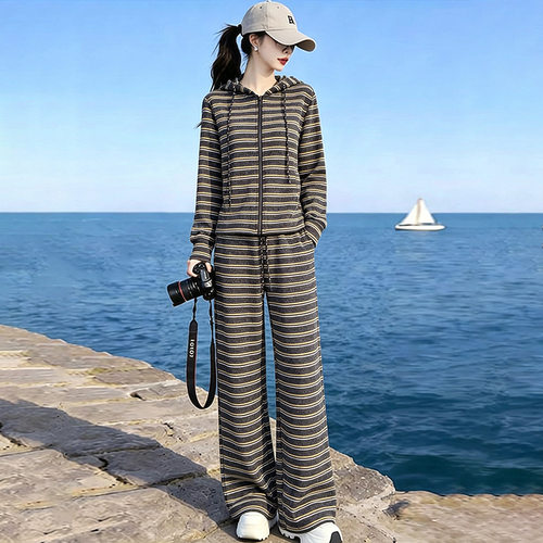 美式休闲运动百搭套装女秋季新款时尚炸街连帽条纹阔腿裤两件套潮