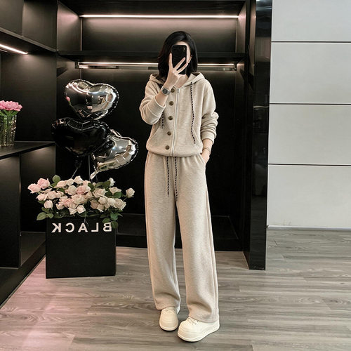 美式休闲运动百搭套装女秋季新款时尚炸街连帽卫衣阔腿裤两件套潮