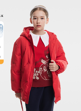 POLO WALK童装 女童羽绒服中长款儿童外套连帽红色2025冬季新款
