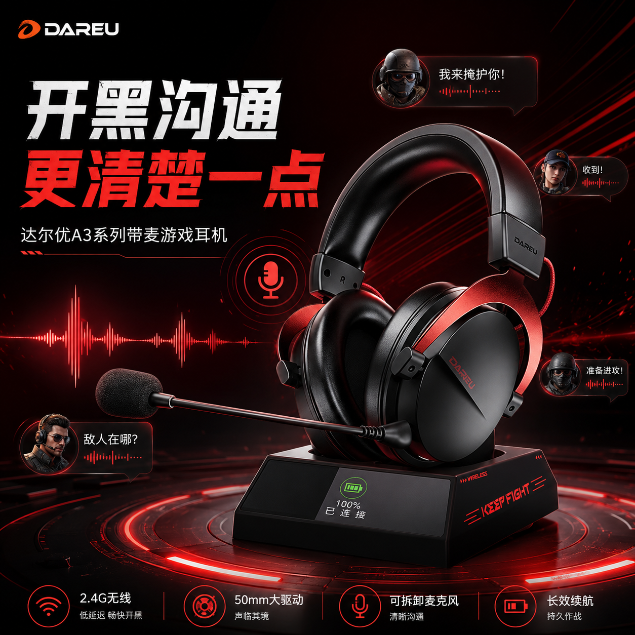 达尔优A3MAX头戴式蓝牙无线四模降噪麦克风听声辨位电竞游戏耳机