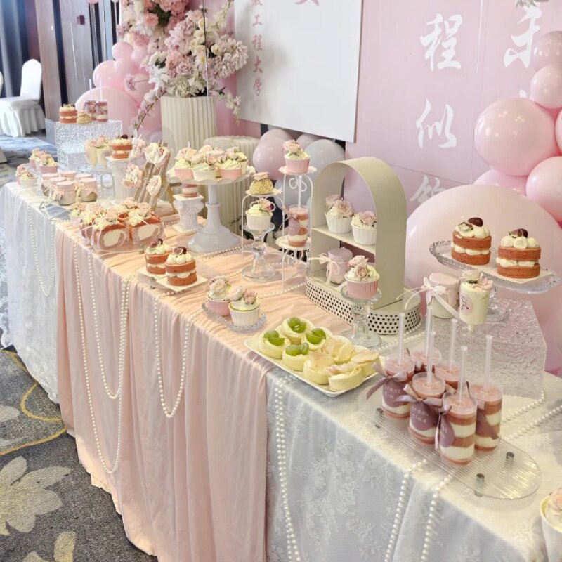 粉色弹力布高级感茶歇摆台布婚礼生日宴会甜品台布置沙龙场景装饰