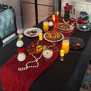 新年桌旗红色春节装饰轻奢高级甜品台宴会褶皱布纱巾西餐氛围布置