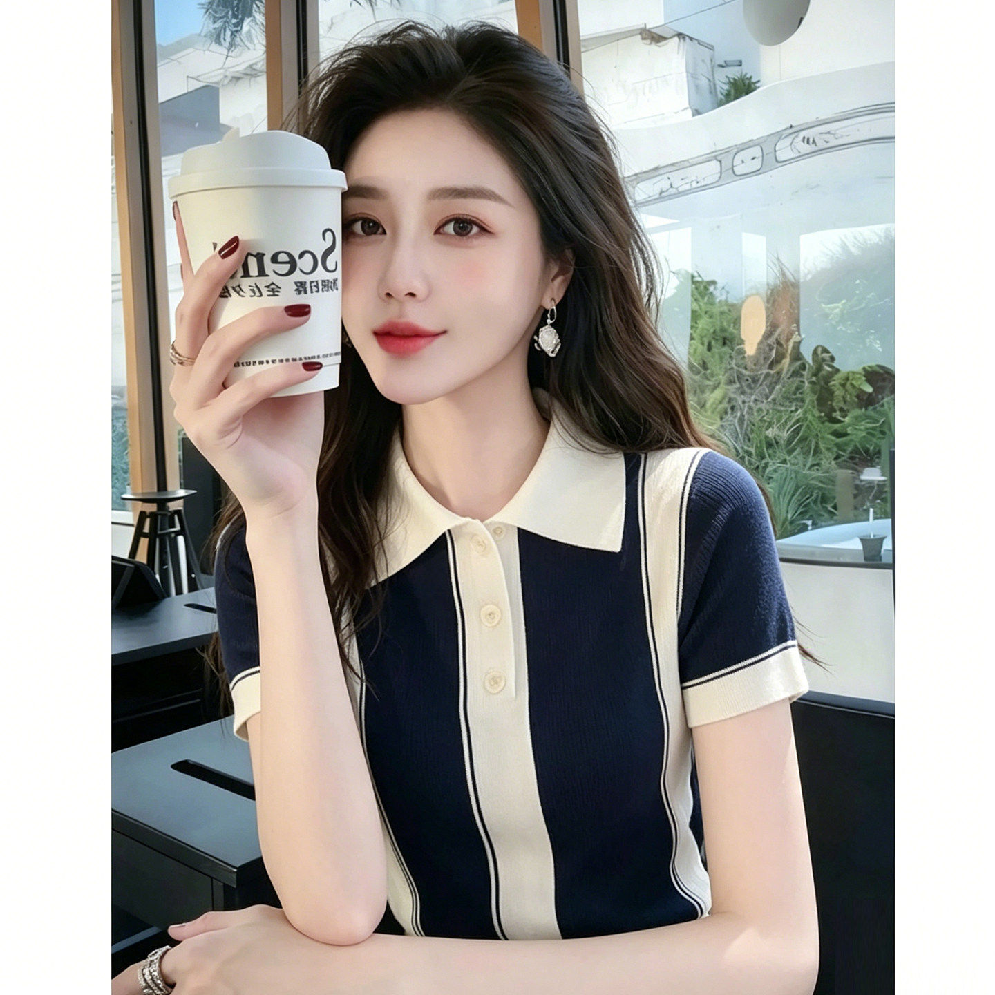 巨好看正肩polo衫翻领条纹短袖T恤女法式小香风上衣薄轻奢针织衫