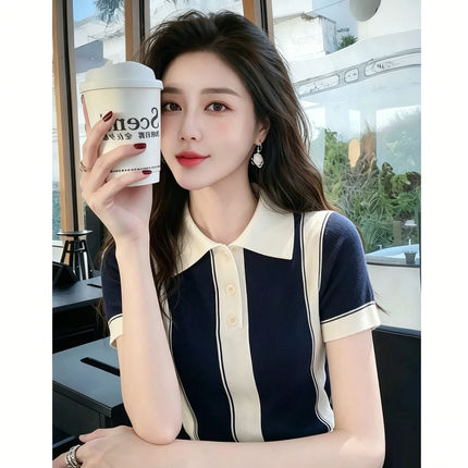 巨好看正肩polo衫翻领条纹短袖T恤女法式小香风上衣薄轻奢针织衫