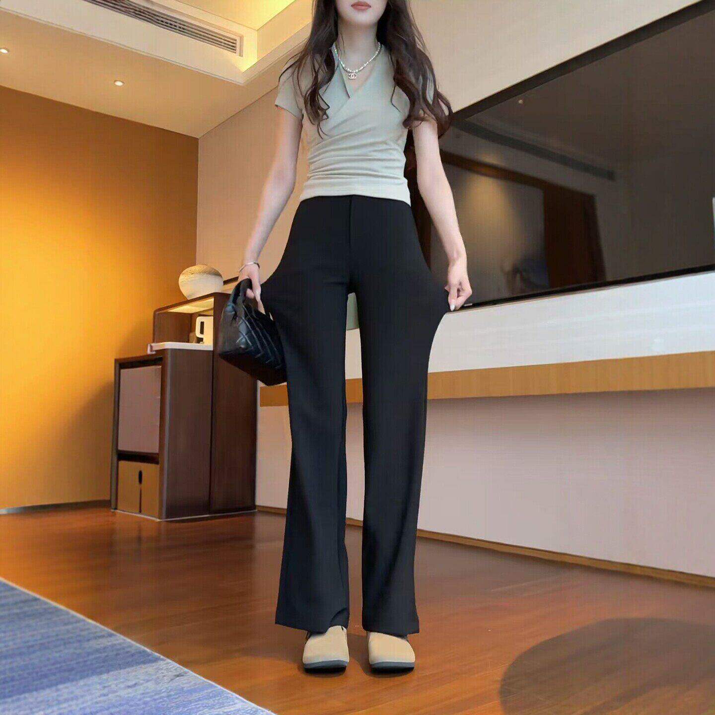 黑色微喇休闲裤女2026年夏季薄款高级感西装裤大码弹力显瘦直筒裤