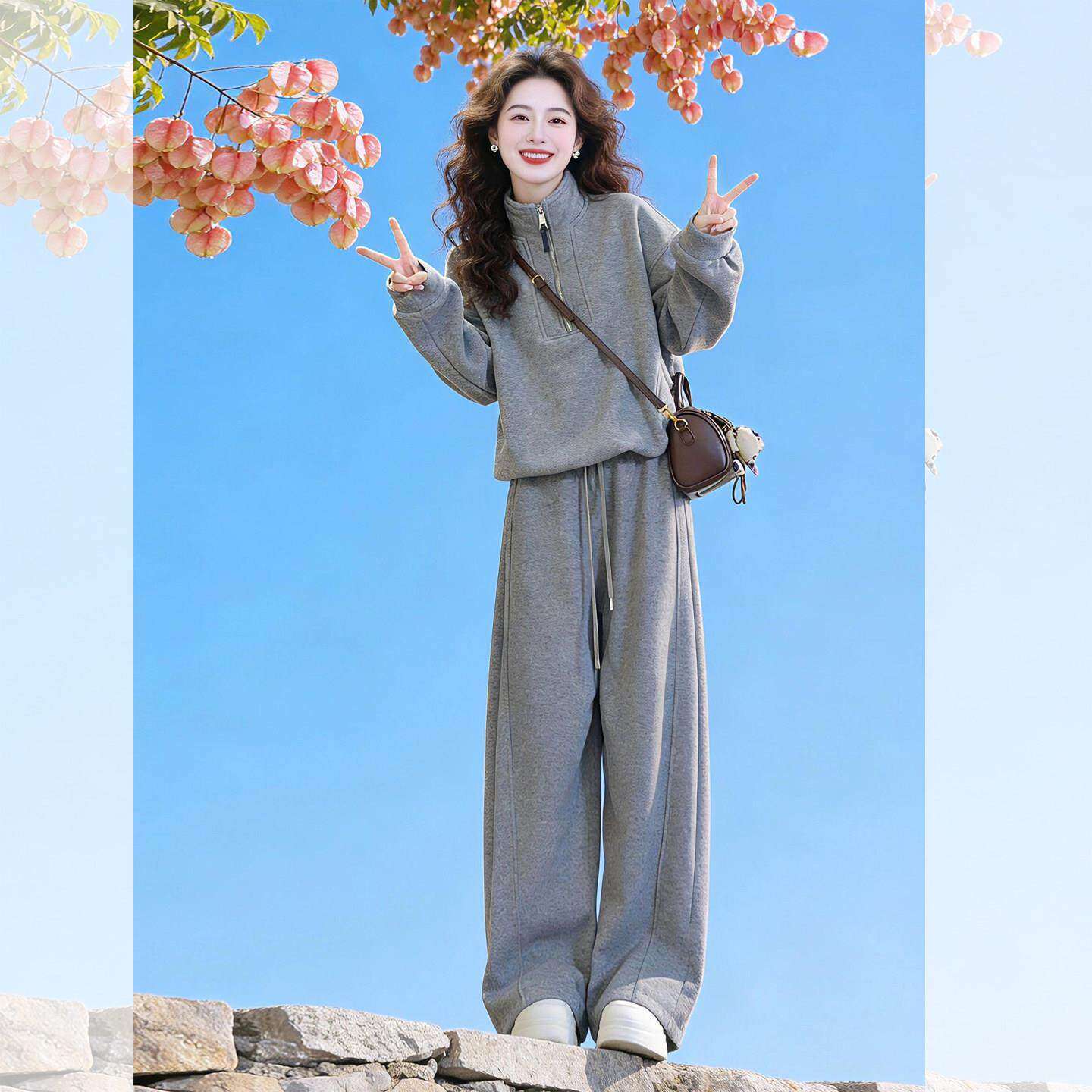 2026春秋季新款女士宽松休闲减龄运动休闲灰色卫衣阔腿裤两件套装
