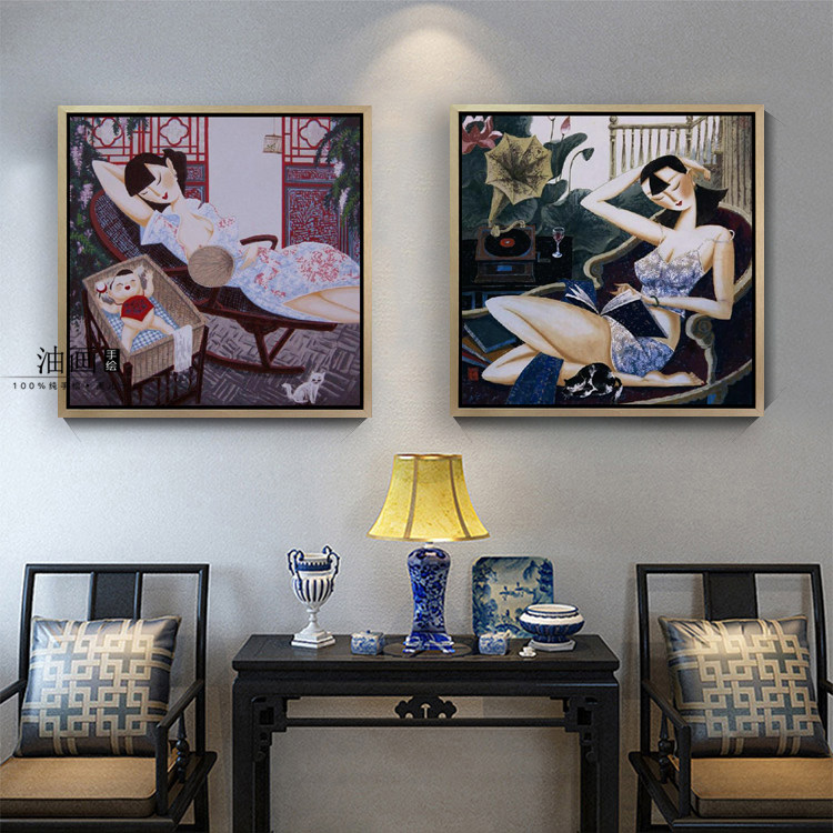 【仲夏】纯手绘新中式老上海仕女人物油画客厅餐厅卧室装饰壁挂画