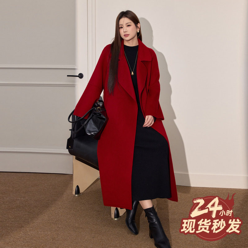 新年红色双面呢大衣中长款保暖图片