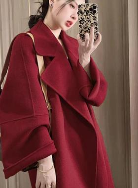 红色双面羊绒大衣女中长款秋冬系带高级感羊毛外套新款轻奢优雅风