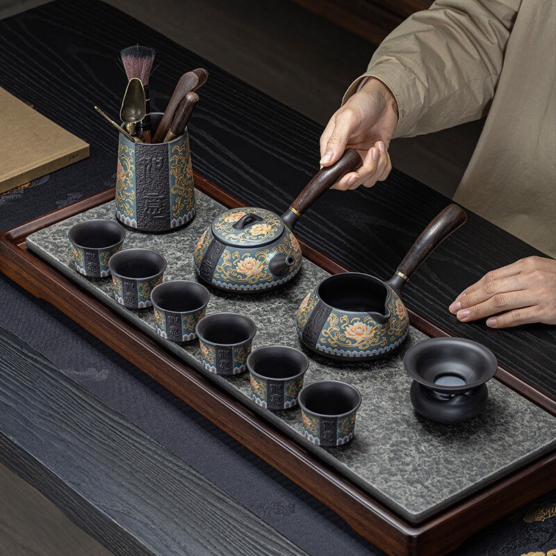 日本紫砂缠枝莲侧把茶具轻奢套装
