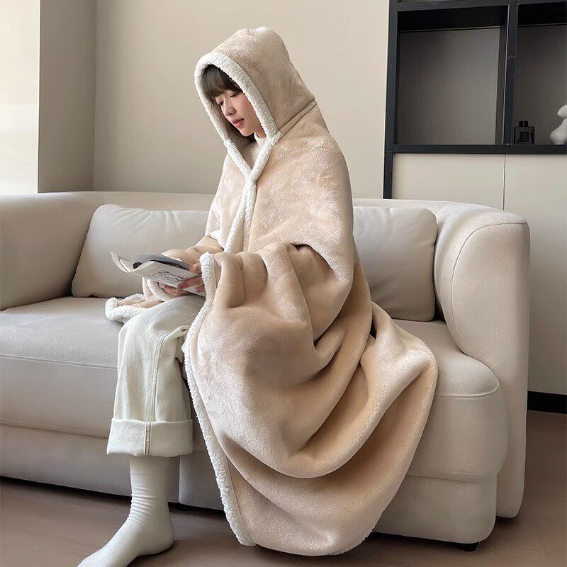 德国疗愈式绒感连帽披肩毛毯冬季加厚保暖斗篷办公室午睡毯懒人毯