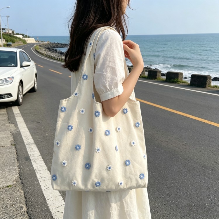 日本进口小清新刺绣帆布手提包包