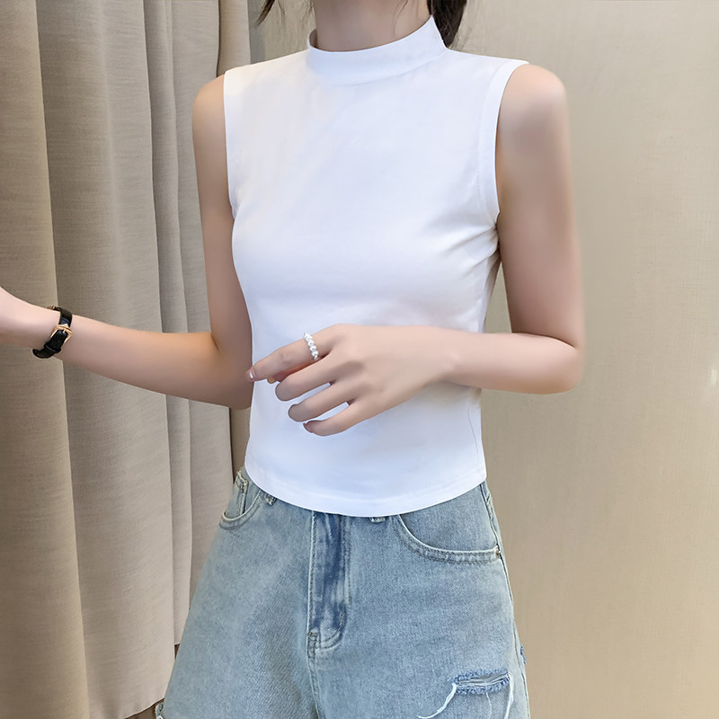 黑色小半高领吊带背心女内搭2023年新款夏季纯棉无袖外穿打底上衣