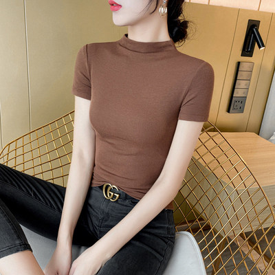 白色短袖T恤女春夏2026年新款半高领气质修身半袖体恤打底衫上衣